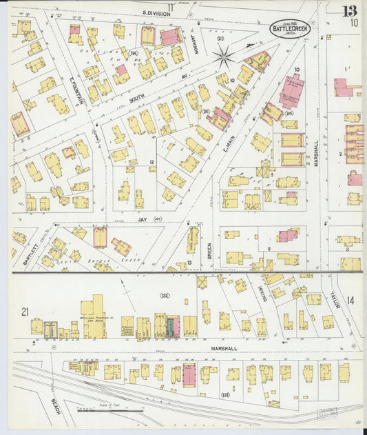 Sanborn Fire Insurance Map from Battle Creek, Calhoun County, Michigan (1902), Sheet #0013 - Historic Sanborn Fire Insurance Map Print, vintage old map wall art, antique decor, genealogy gift, Michigan Michigan map