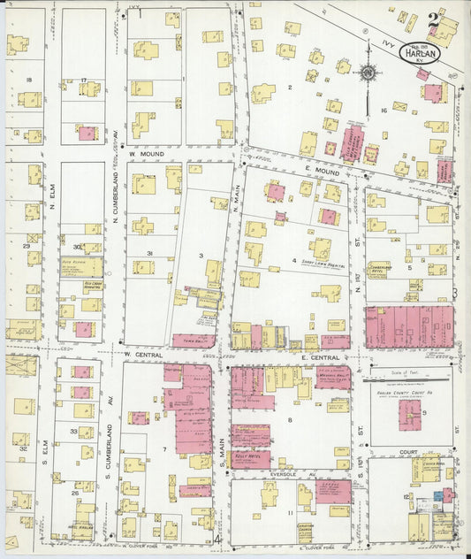 Sanborn Fire Insurance Map from Harlan, Harlan County, Kentucky (1919), Sheet #0002 - Historic Sanborn Fire Insurance Map Print, vintage old map wall art, antique decor, genealogy gift, Kentucky Kentucky map