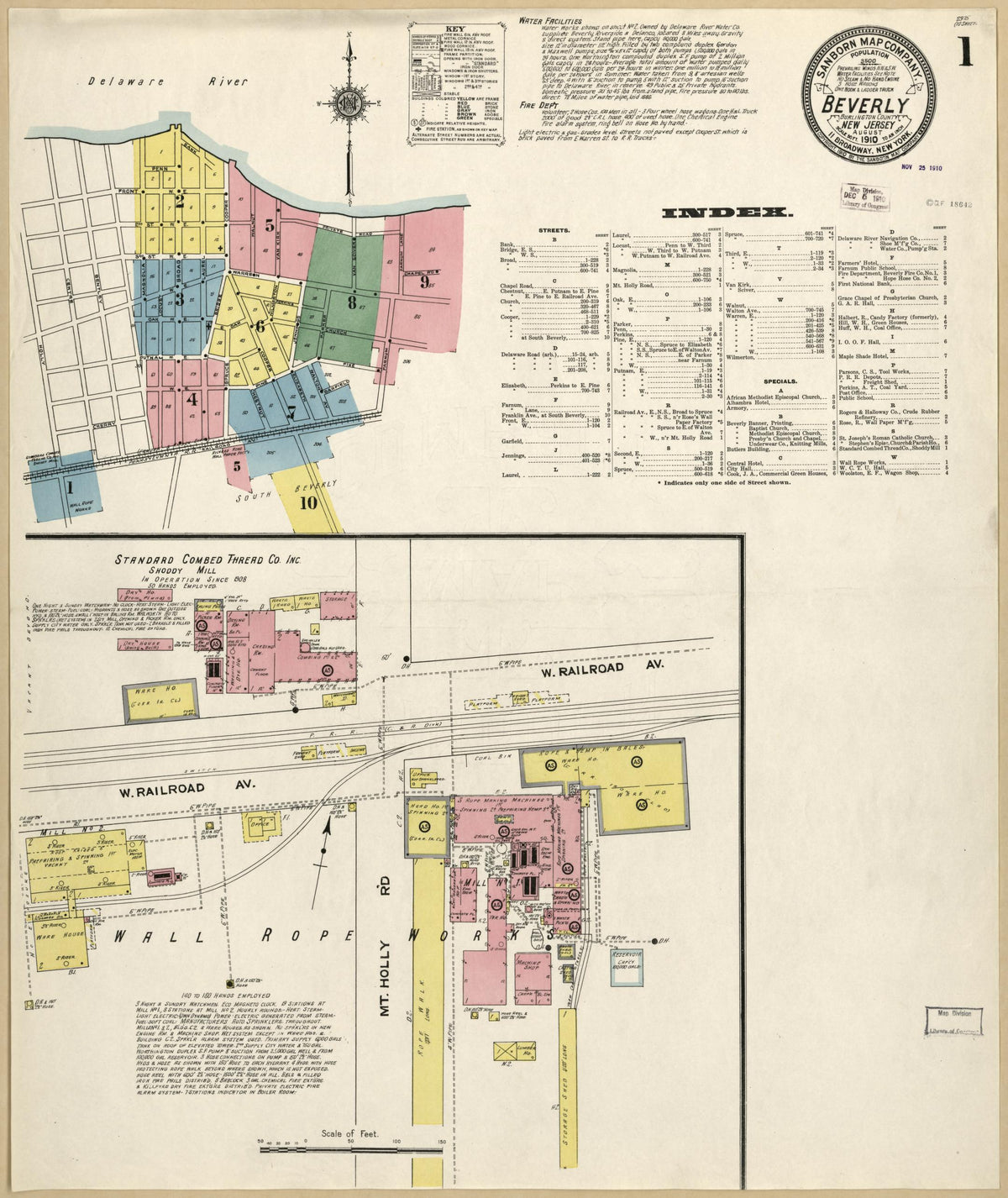 Sanborn Fire Insurance Map from Beverly, Burlington County, New Jersey (1910), Sheet #0001 - Historic Sanborn Fire Insurance Map Print, vintage old map wall art, antique decor, genealogy gift, New Jersey New Jersey map