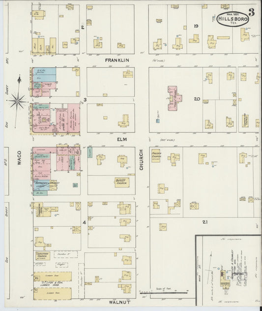Sanborn Fire Insurance Map from Hillsboro, Hill County, Texas (1891), Sheet #0003 - Historic Sanborn Fire Insurance Map Print, vintage old map wall art, antique decor, genealogy gift, Texas Texas map