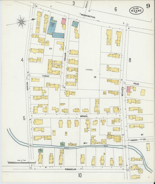 Sanborn Fire Insurance Map from Keene, Cheshire County, New Hampshire (1902), Sheet #0009 - Historic Sanborn Fire Insurance Map Print, vintage old map wall art, antique decor, genealogy gift, New Hampshire New Hampshire map