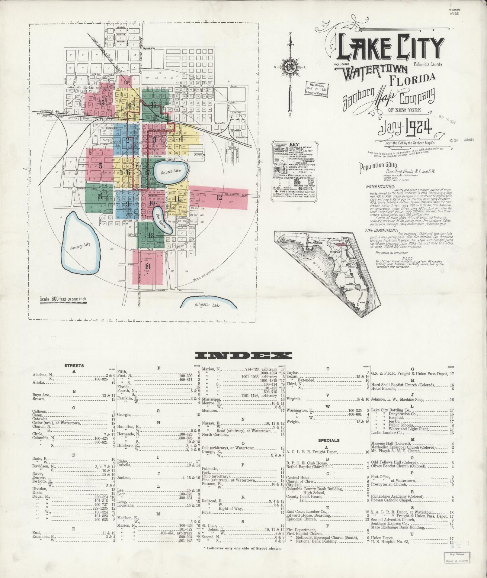 Sanborn Fire Insurance Map from Lake City, Columbia County, Florida (1924), Sheet #0001 - Complete Map Set gallery image, historic Sanborn map, vintage wall art, Florida Florida