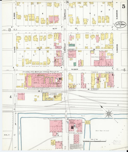 Sanborn Fire Insurance Map from Ottumwa, Wapello County, Iowa (1902), Sheet #0005 - Historic Sanborn Fire Insurance Map Print, vintage old map wall art