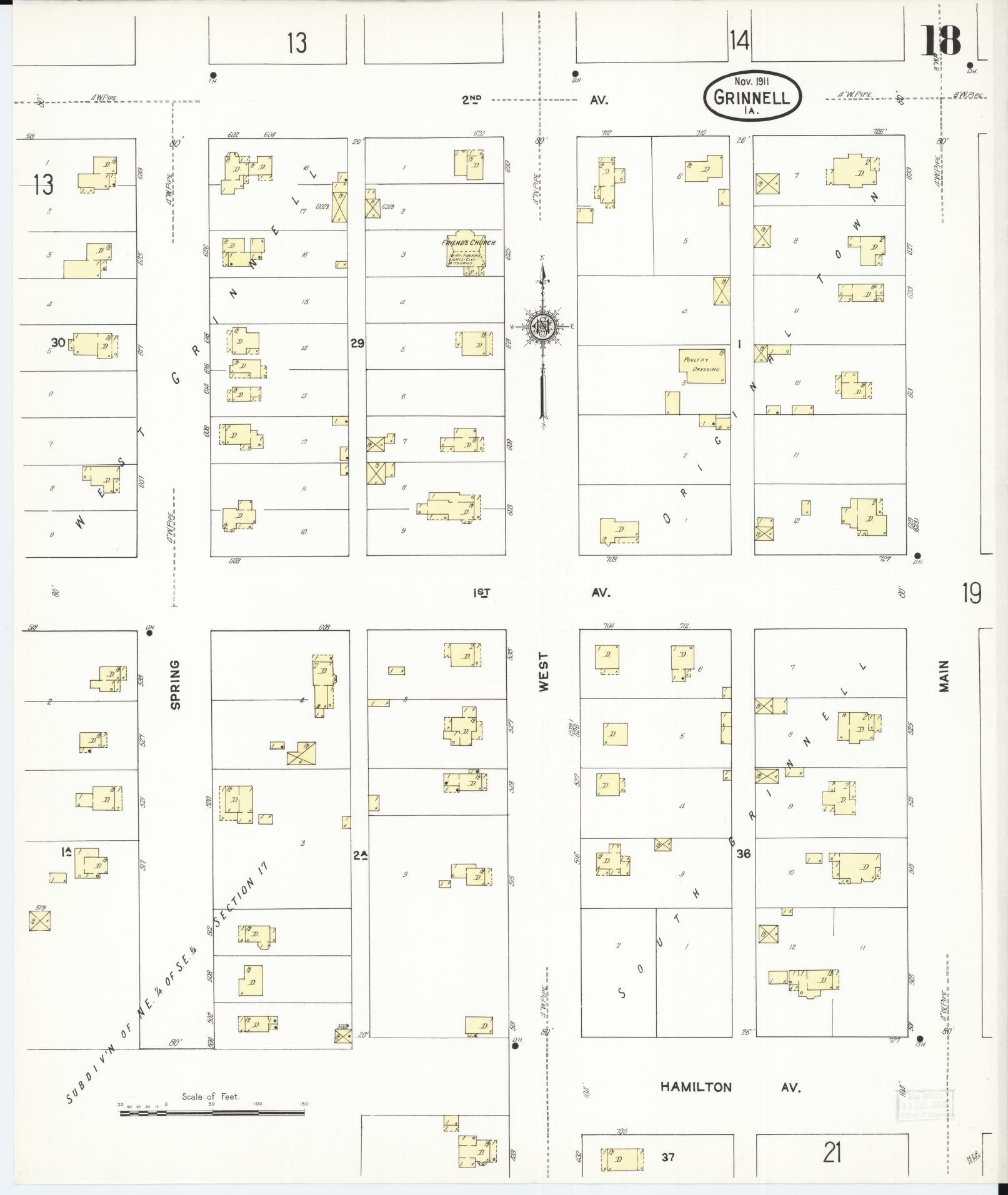 Sanborn Fire Insurance Map from Grinnell, Poweshiek County, Iowa (1911), Sheet #0018 - Historic Sanborn Fire Insurance Map Print, vintage old map wall art