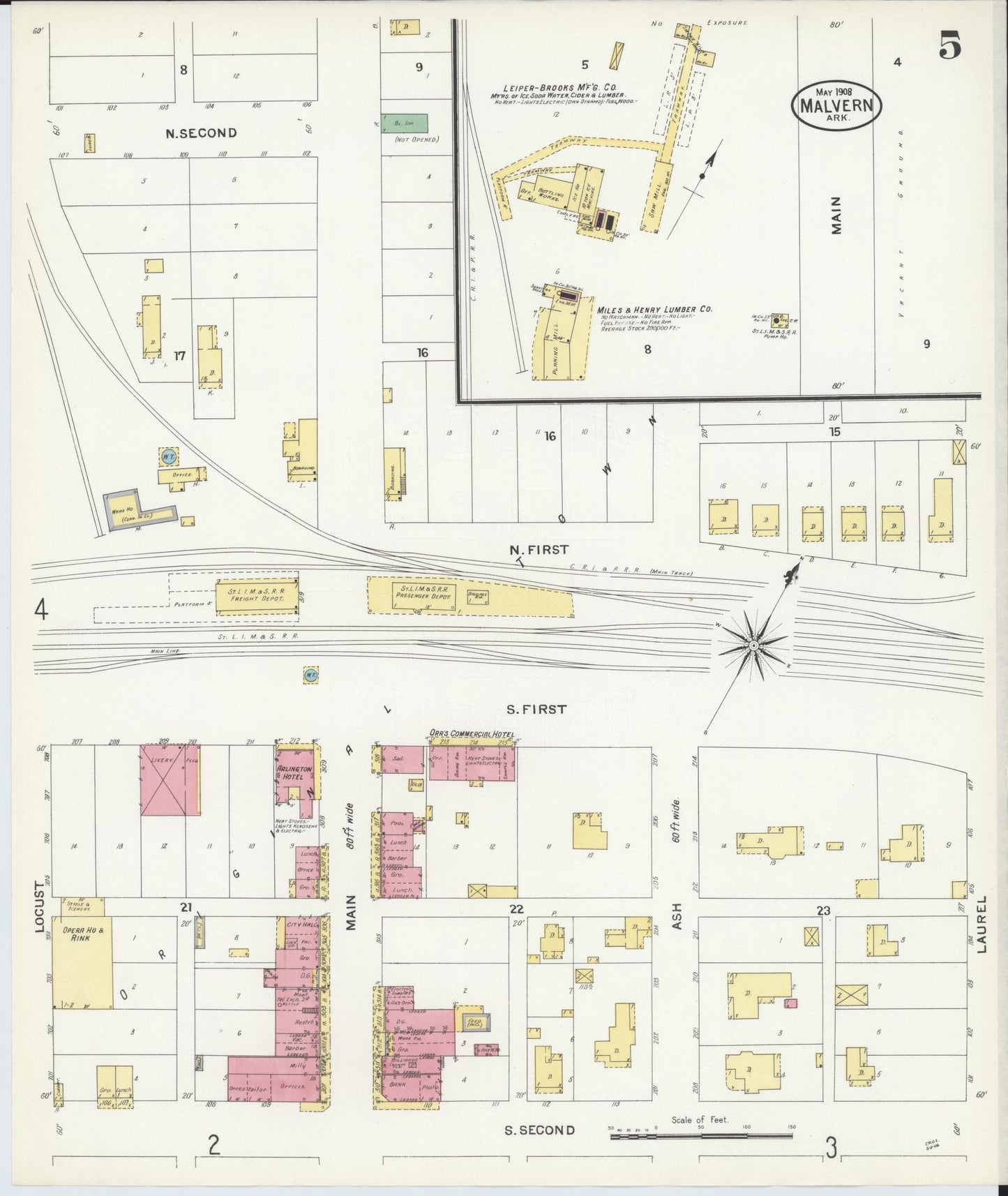 Sanborn Fire Insurance Map from Malvern, Hot Springs County, Arkansas (1908), Sheet #0005 - Historic Sanborn Fire Insurance Map Print, vintage old map wall art, antique decor, genealogy gift, Arkansas Arkansas map