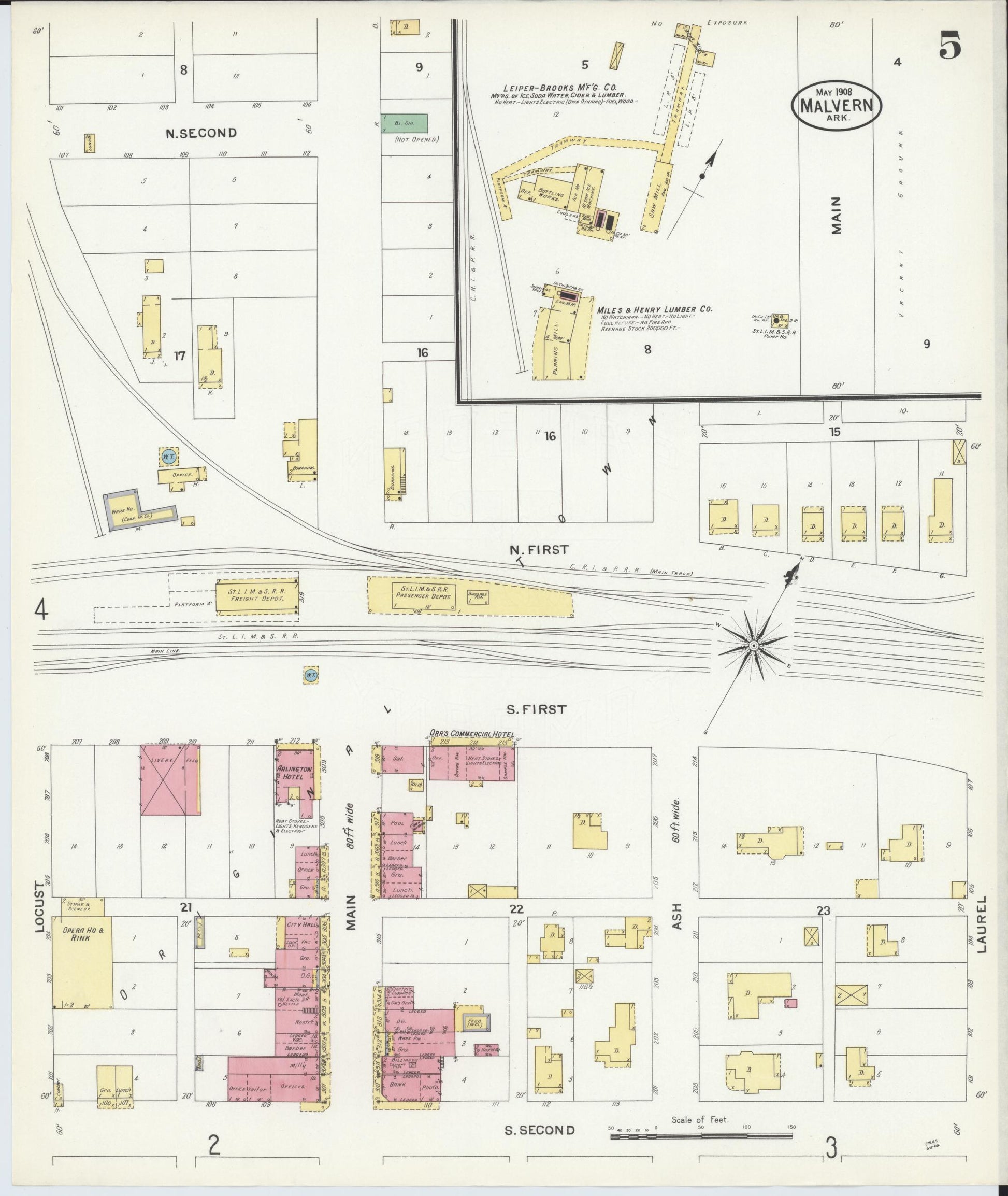 Sanborn Fire Insurance Map from Malvern, Hot Springs County, Arkansas (1908), Sheet #0005 - Historic Sanborn Fire Insurance Map Print, vintage old map wall art, antique decor, genealogy gift, Arkansas Arkansas map