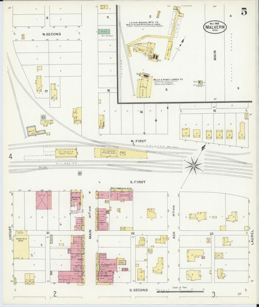 Sanborn Fire Insurance Map from Malvern, Hot Springs County, Arkansas (1908), Sheet #0005 - Historic Sanborn Fire Insurance Map Print, vintage old map wall art, antique decor, genealogy gift, Arkansas Arkansas map