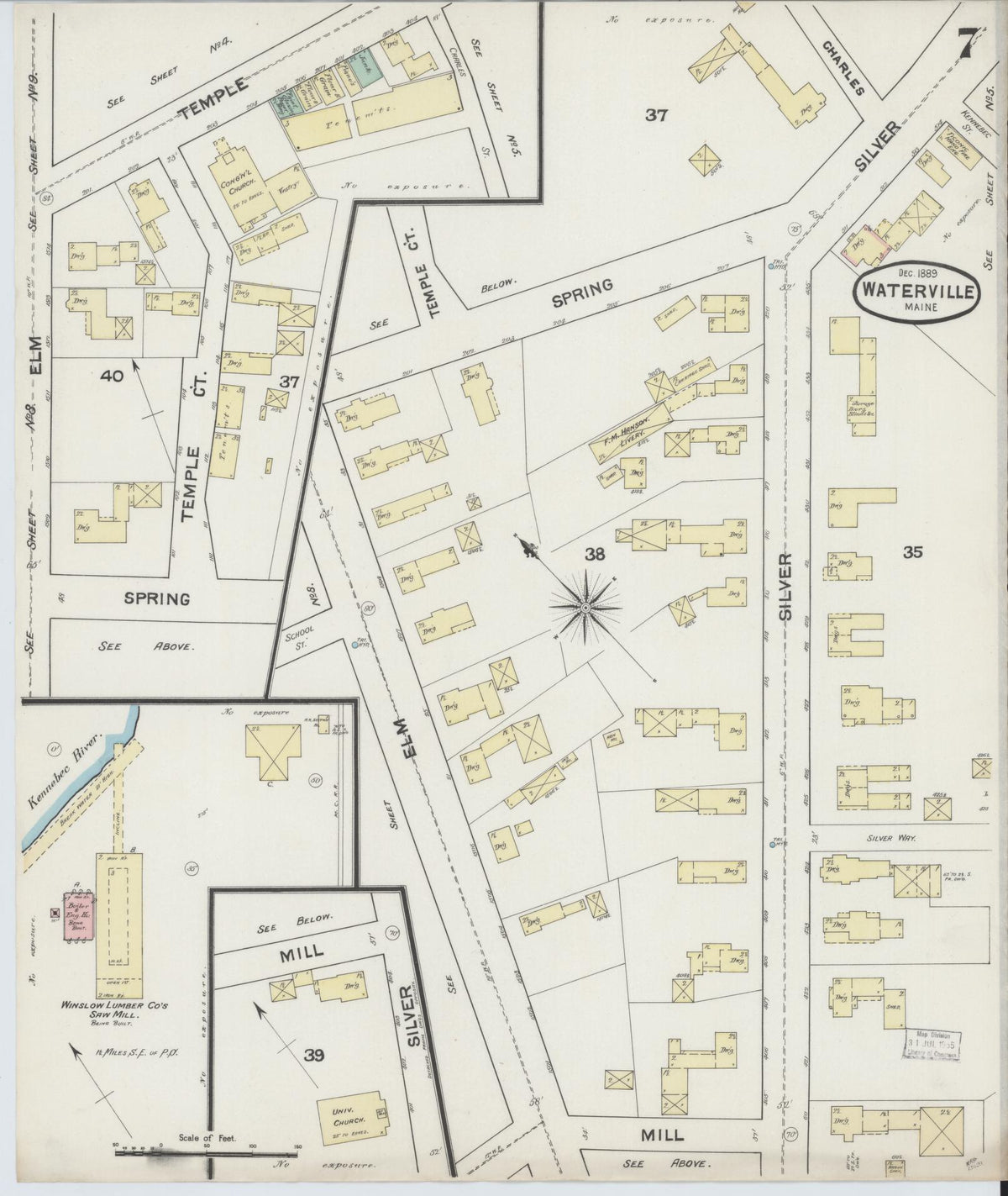 Sanborn Fire Insurance Map from Waterville, Kennebec County, Maine (1889), Sheet #0007 - Historic Sanborn Fire Insurance Map Print, vintage old map wall art, antique decor, genealogy gift, Maine Maine map