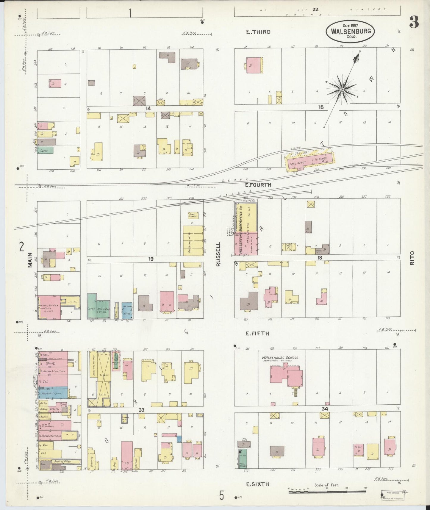 Sanborn Fire Insurance Map from Walsenburg, Huerfano County, Colorado (1907), Sheet #0003 - Complete Map Set gallery image, historic Sanborn map, vintage wall art, Colorado Colorado