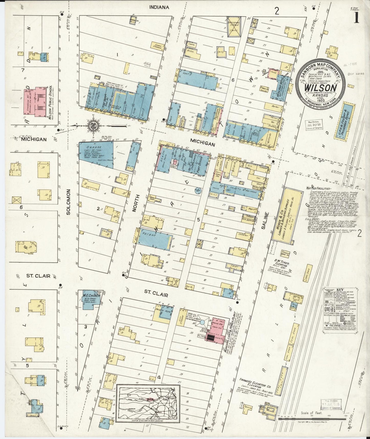 Sanborn Fire Insurance Map from Wilson, Ellsworth County, Kansas (1920), Sheet #0001 - Complete Map Set gallery image, historic Sanborn map, vintage wall art, Kansas Kansas