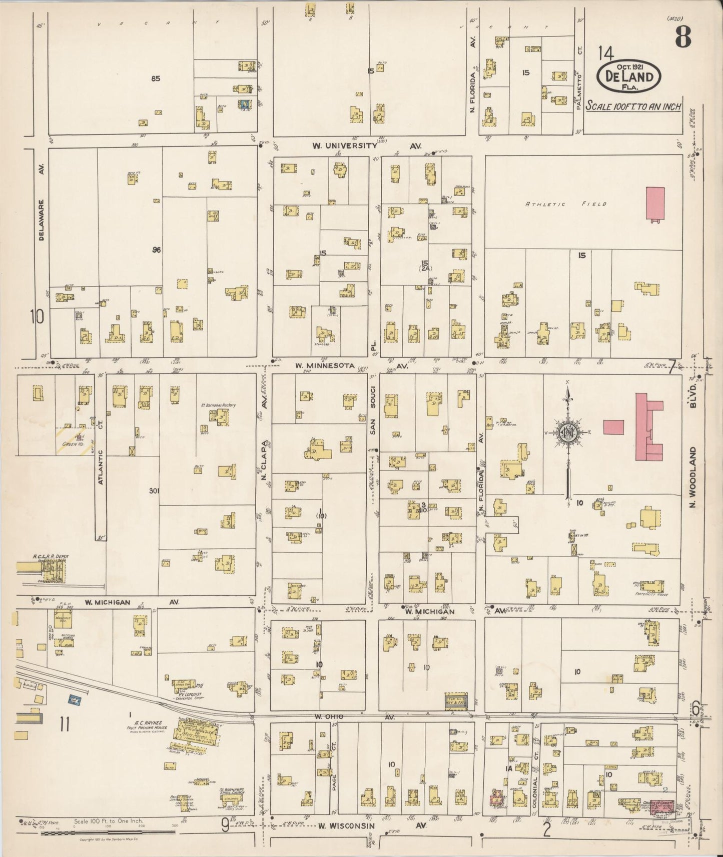 Sanborn Fire Insurance Map from De Land, Volusia County, Florida (1921), Sheet #0008 - Complete Map Set gallery image, historic Sanborn map, vintage wall art, Florida Florida