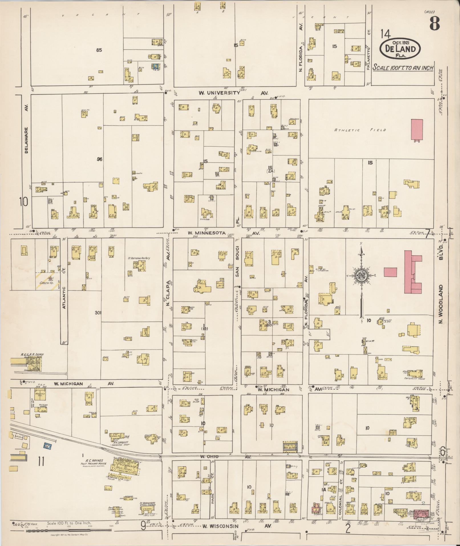 Sanborn Fire Insurance Map from De Land, Volusia County, Florida (1921), Sheet #0008 - Complete Map Set gallery image, historic Sanborn map, vintage wall art, Florida Florida