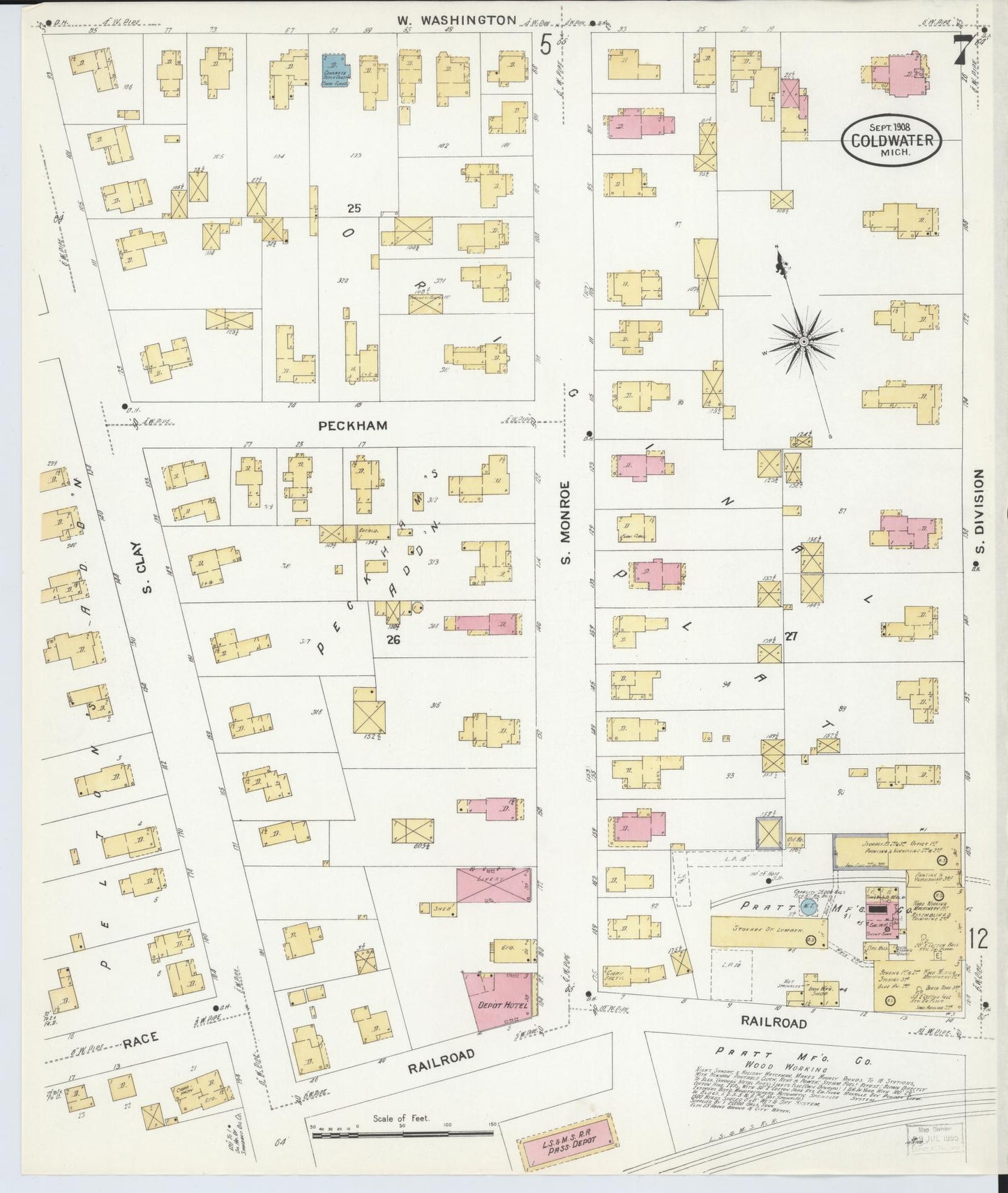 Sanborn Fire Insurance Map from Coldwater, Branch County, Michigan (1908), Sheet #0007 - Complete Map Set gallery image, historic Sanborn map, vintage wall art, Michigan Michigan