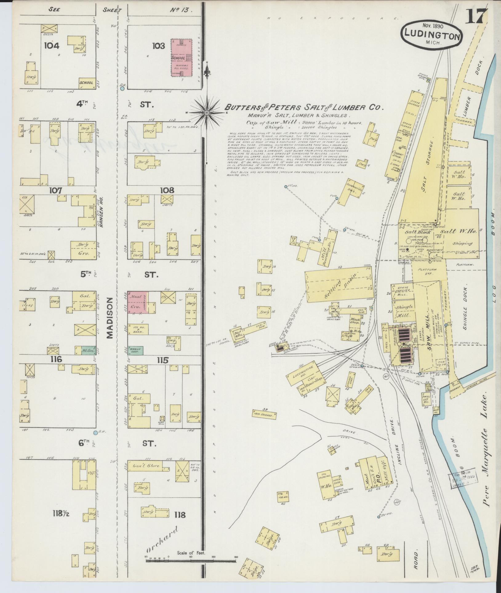 Sanborn Fire Insurance Map from Ludington, Mason County, Michigan (1890), Sheet #0017 - Complete Map Set gallery image, historic Sanborn map, vintage wall art, Michigan Michigan
