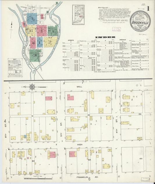 Sanborn Fire Insurance Map from Brookville, Franklin County, Indiana (1913), Sheet #0001 - Historic Sanborn Fire Insurance Map Print, vintage old map wall art, antique decor, genealogy gift, Indiana Indiana map