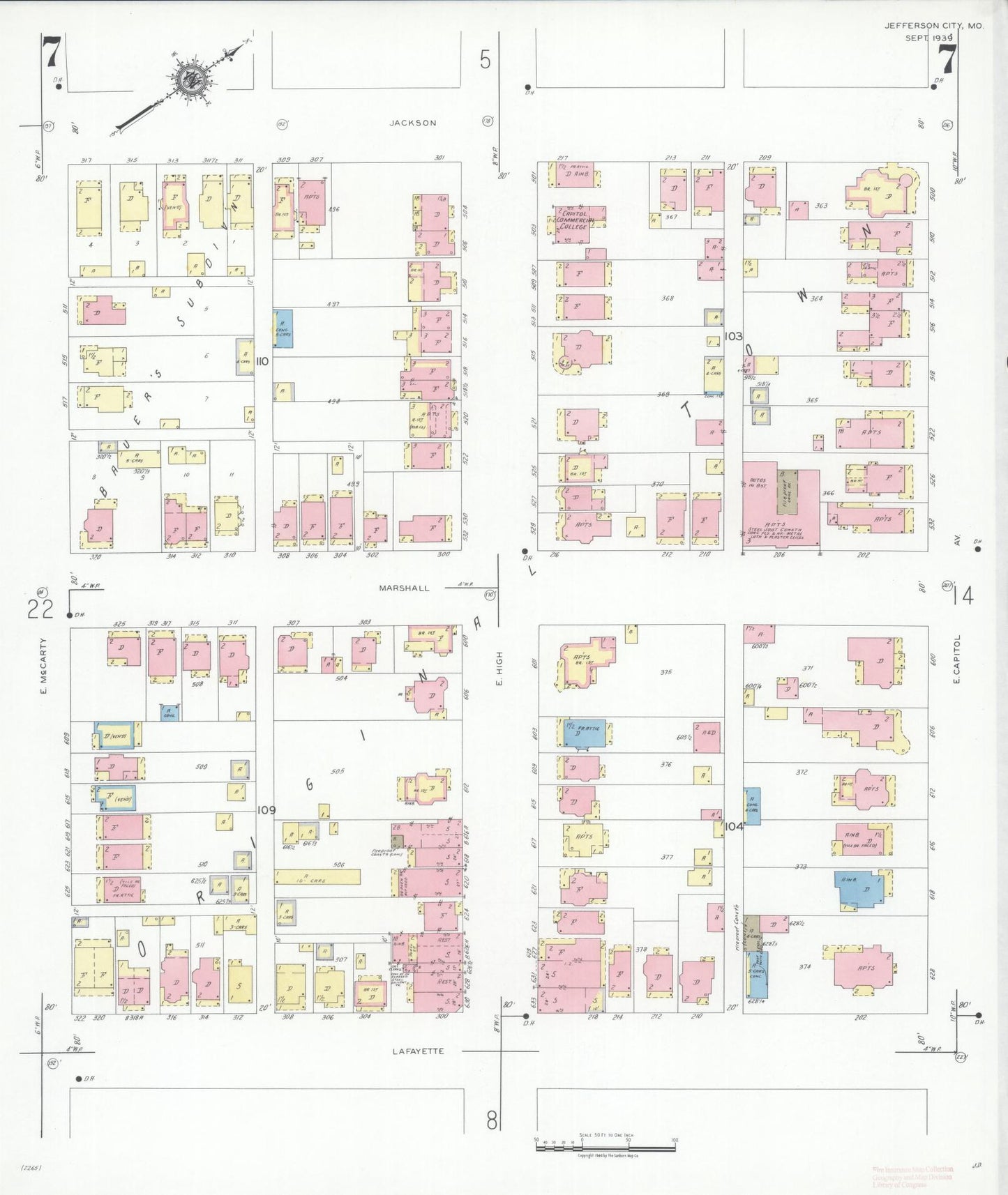 Sanborn Fire Insurance Map from Jefferson City, Cole County, Missouri (1939), Sheet #0007 - Complete Map Set gallery image, historic Sanborn map, vintage wall art, Missouri Missouri