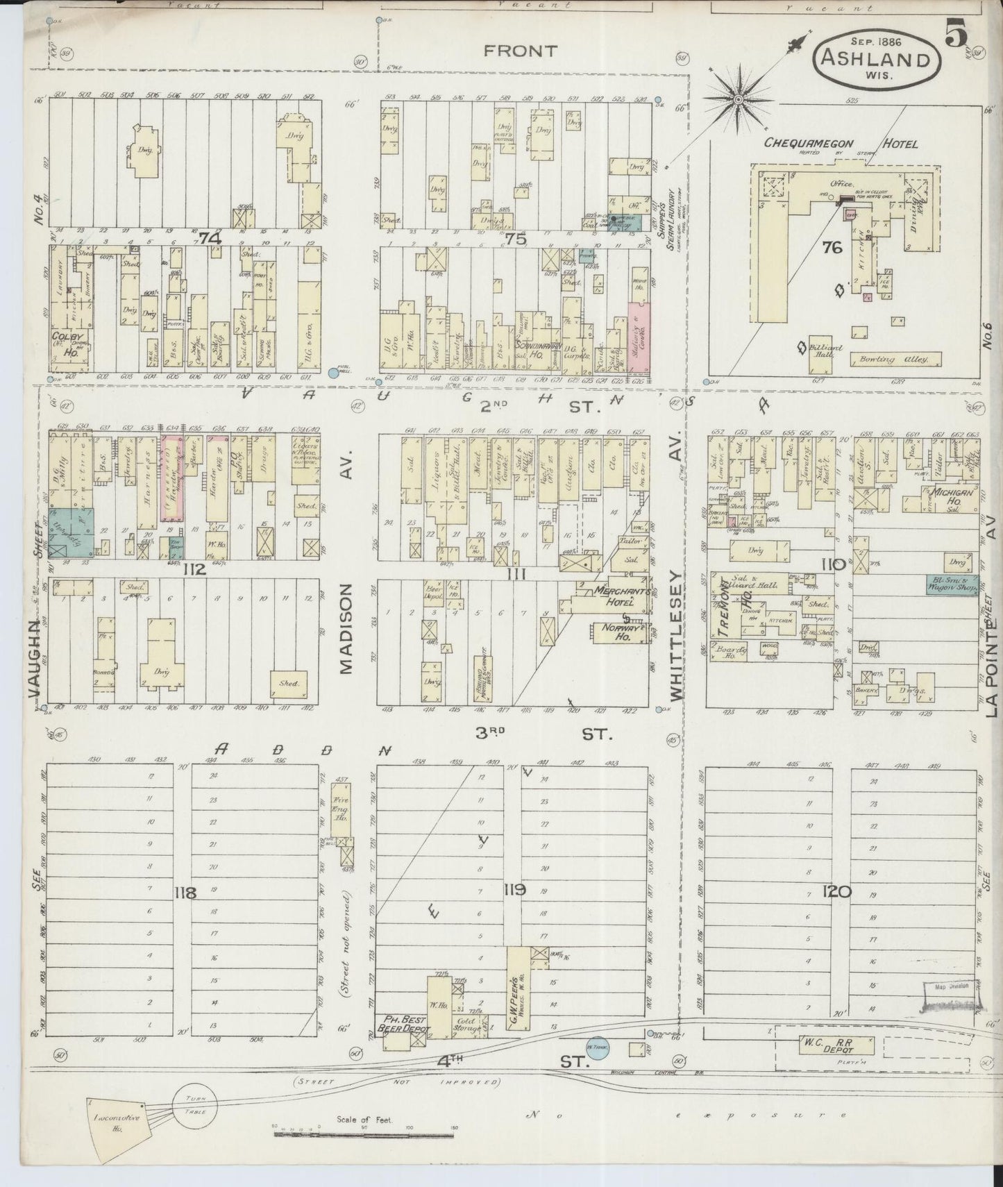 Sanborn Fire Insurance Map from Ashland, Ashland County, Wisconsin (1886), Sheet #0005 - Complete Map Set gallery image, historic Sanborn map, vintage wall art, Wisconsin Wisconsin