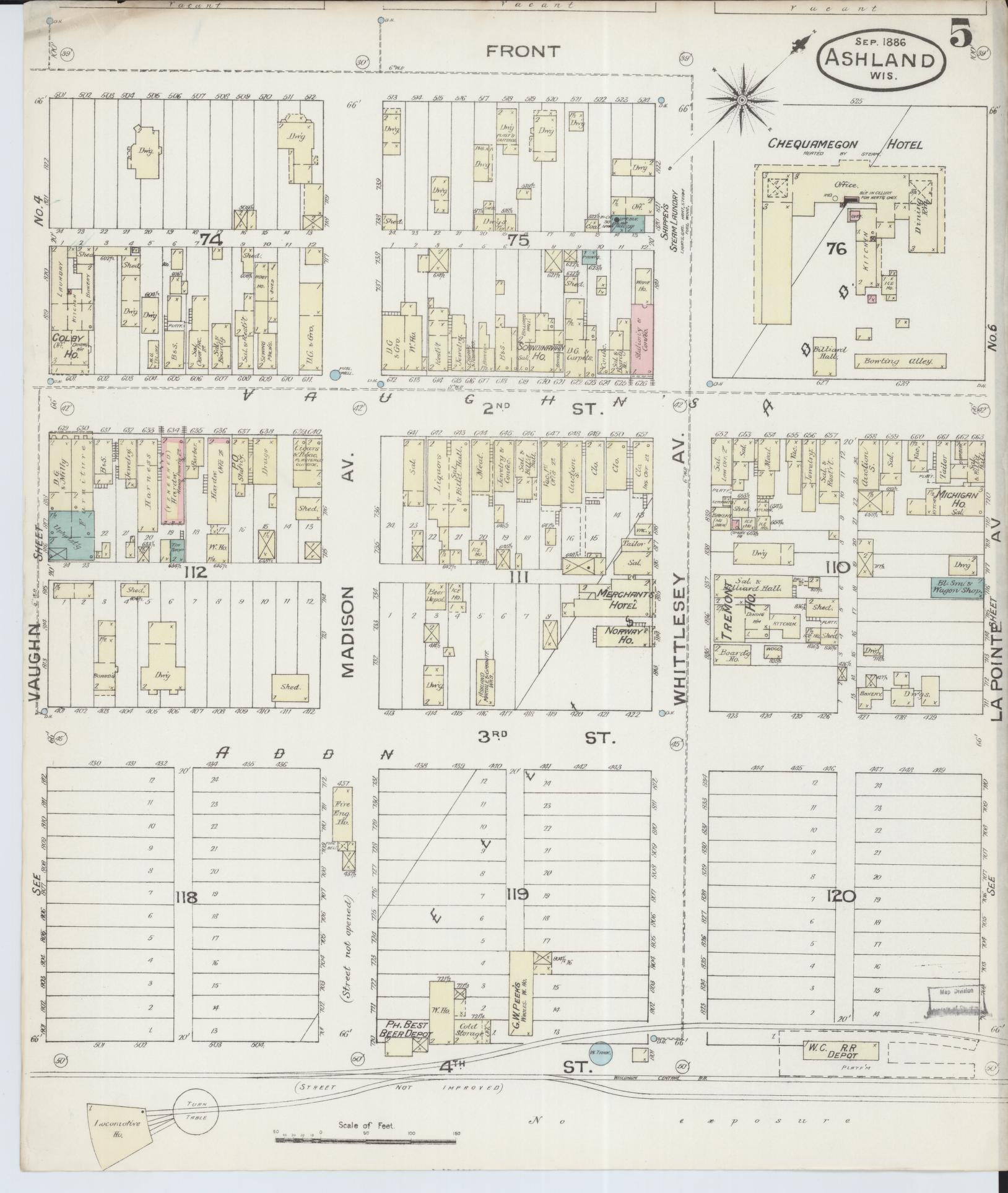 Sanborn Fire Insurance Map from Ashland, Ashland County, Wisconsin (1886), Sheet #0005 - Complete Map Set gallery image, historic Sanborn map, vintage wall art, Wisconsin Wisconsin