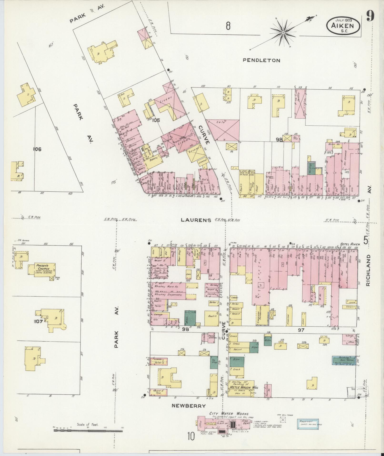 Sanborn Fire Insurance Map from Aiken, Aiken County, South Carolina (1909), Sheet #0009 - Historic Sanborn Fire Insurance Map Print, vintage old map wall art, antique decor, genealogy gift, South Carolina South Carolina map