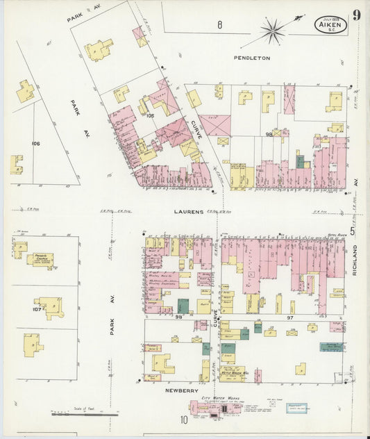 Sanborn Fire Insurance Map from Aiken, Aiken County, South Carolina (1909), Sheet #0009 - Historic Sanborn Fire Insurance Map Print, vintage old map wall art, antique decor, genealogy gift, South Carolina South Carolina map