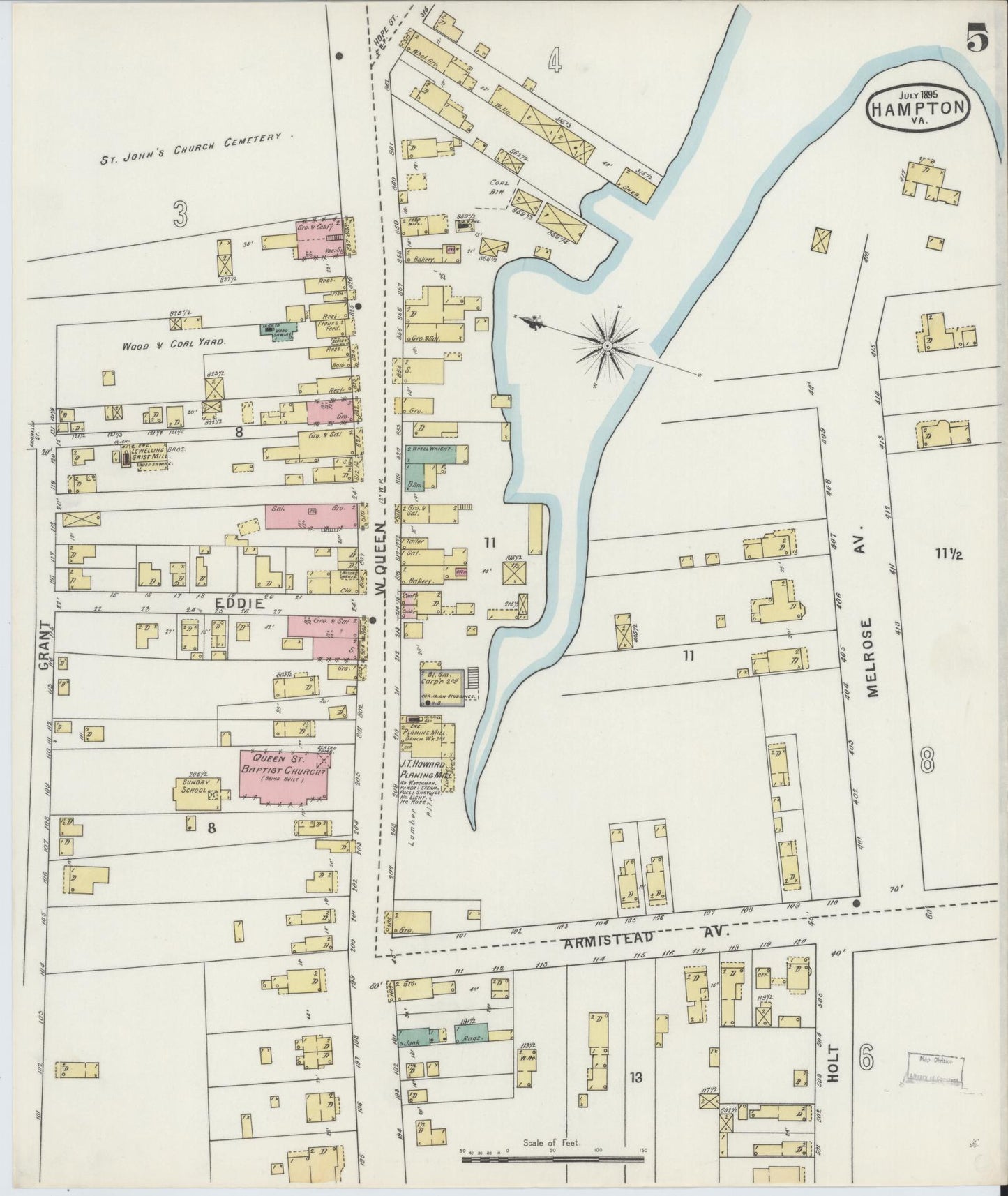 Sanborn Fire Insurance Map from Hampton, Independent Cities, Virginia (1895), Sheet #0005 - Complete Map Set gallery image, historic Sanborn map, vintage wall art, Virginia Virginia