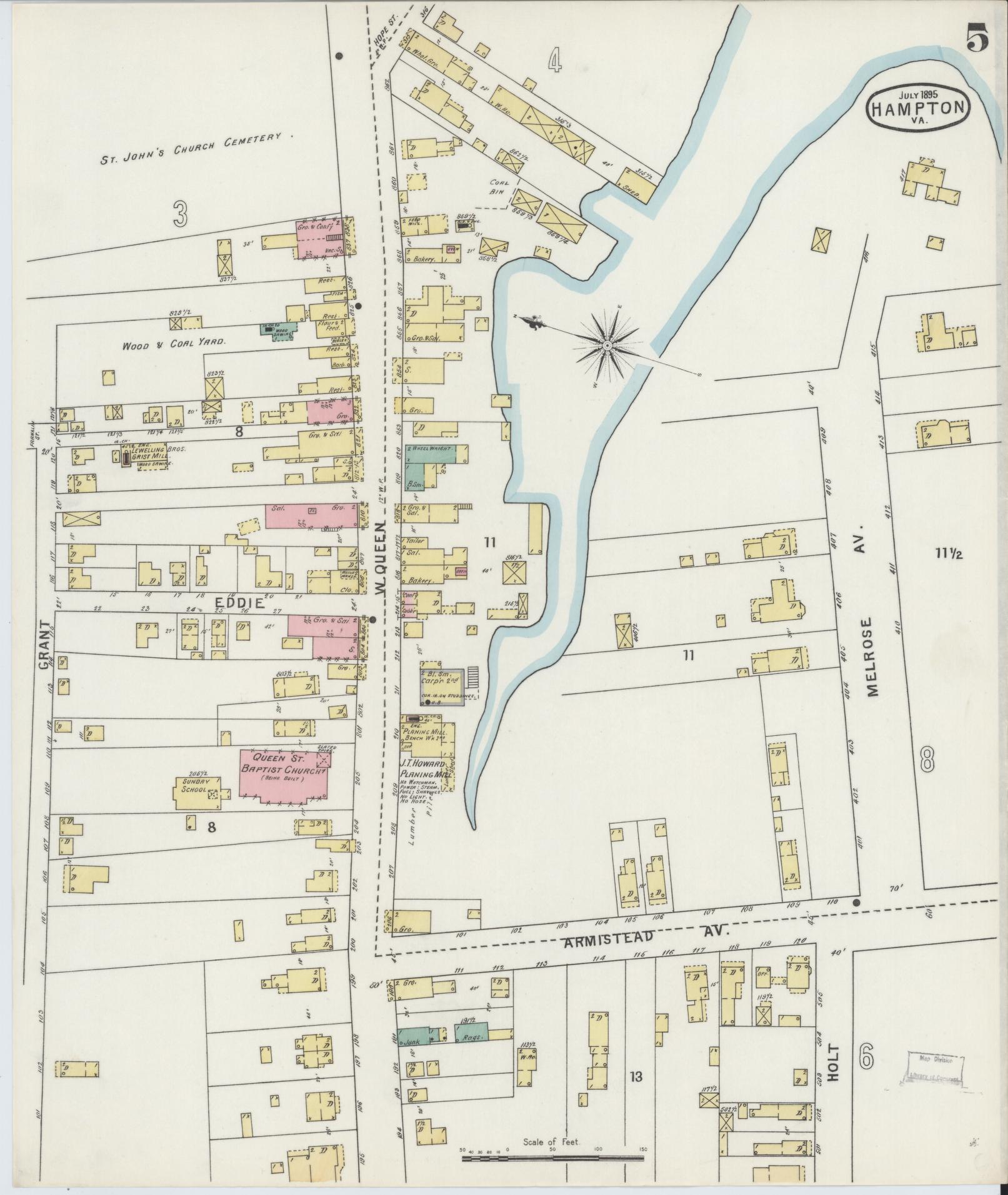 Sanborn Fire Insurance Map from Hampton, Independent Cities, Virginia (1895), Sheet #0005 - Complete Map Set gallery image, historic Sanborn map, vintage wall art, Virginia Virginia