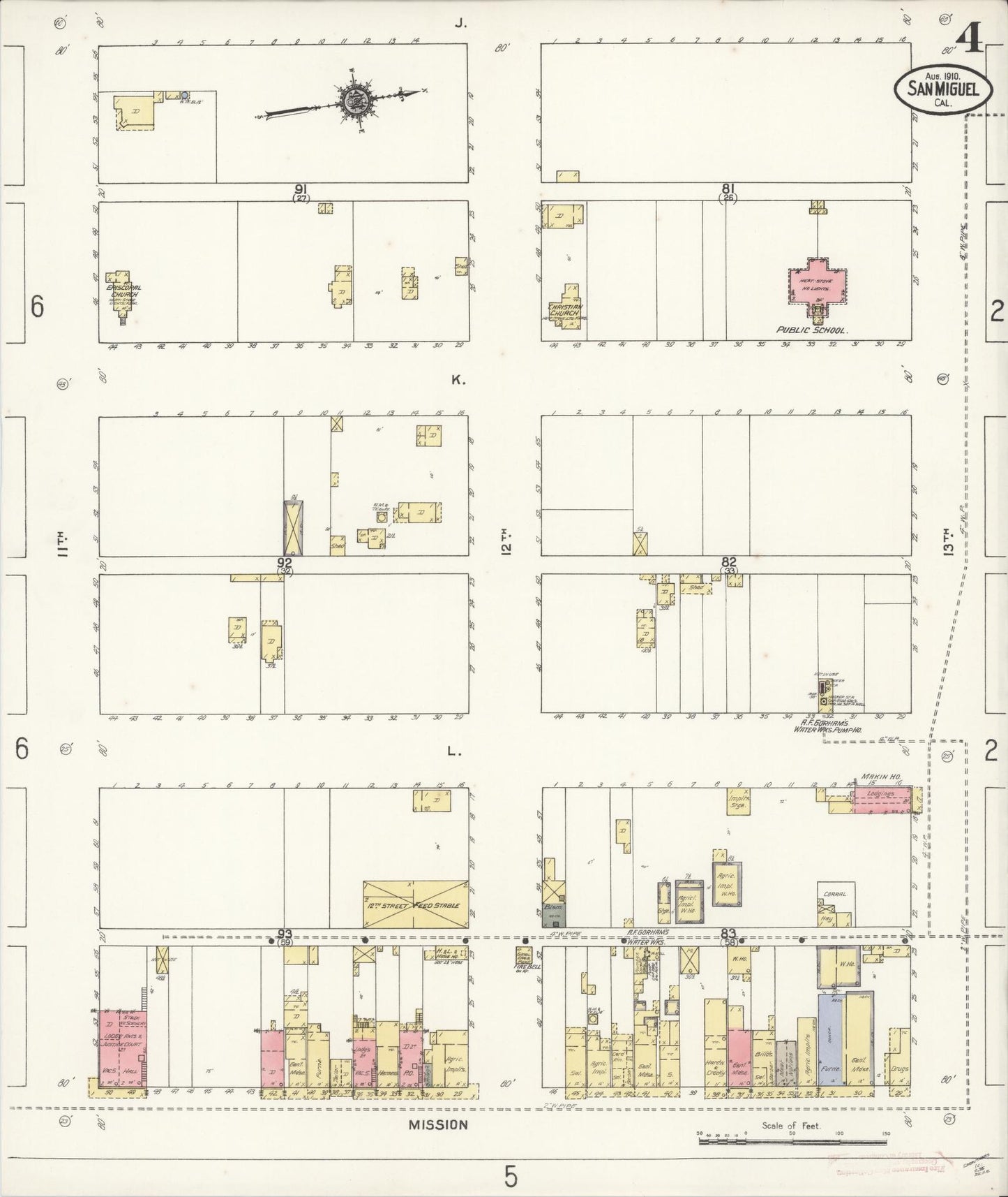 Sanborn Fire Insurance Map from San Miguel, San Luis Obispo County, California (1910), Sheet #0004 - Complete Map Set gallery image, historic Sanborn map, vintage wall art, California California