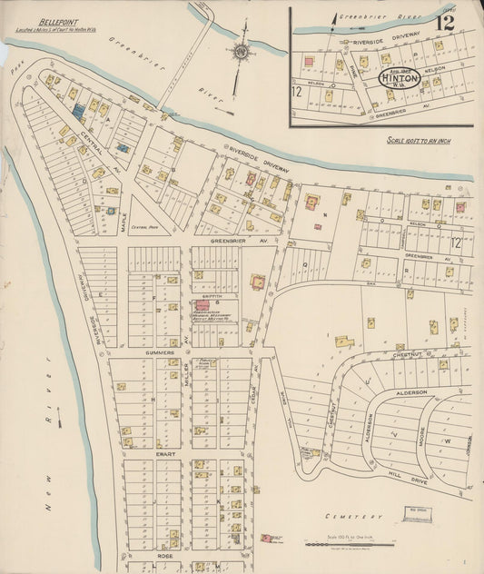Sanborn Fire Insurance Map from Hinton, Summer County, West Virginia (1922), Sheet #0012 - Historic Sanborn Fire Insurance Map Print, vintage old map wall art, antique decor, genealogy gift, West Virginia West Virginia map
