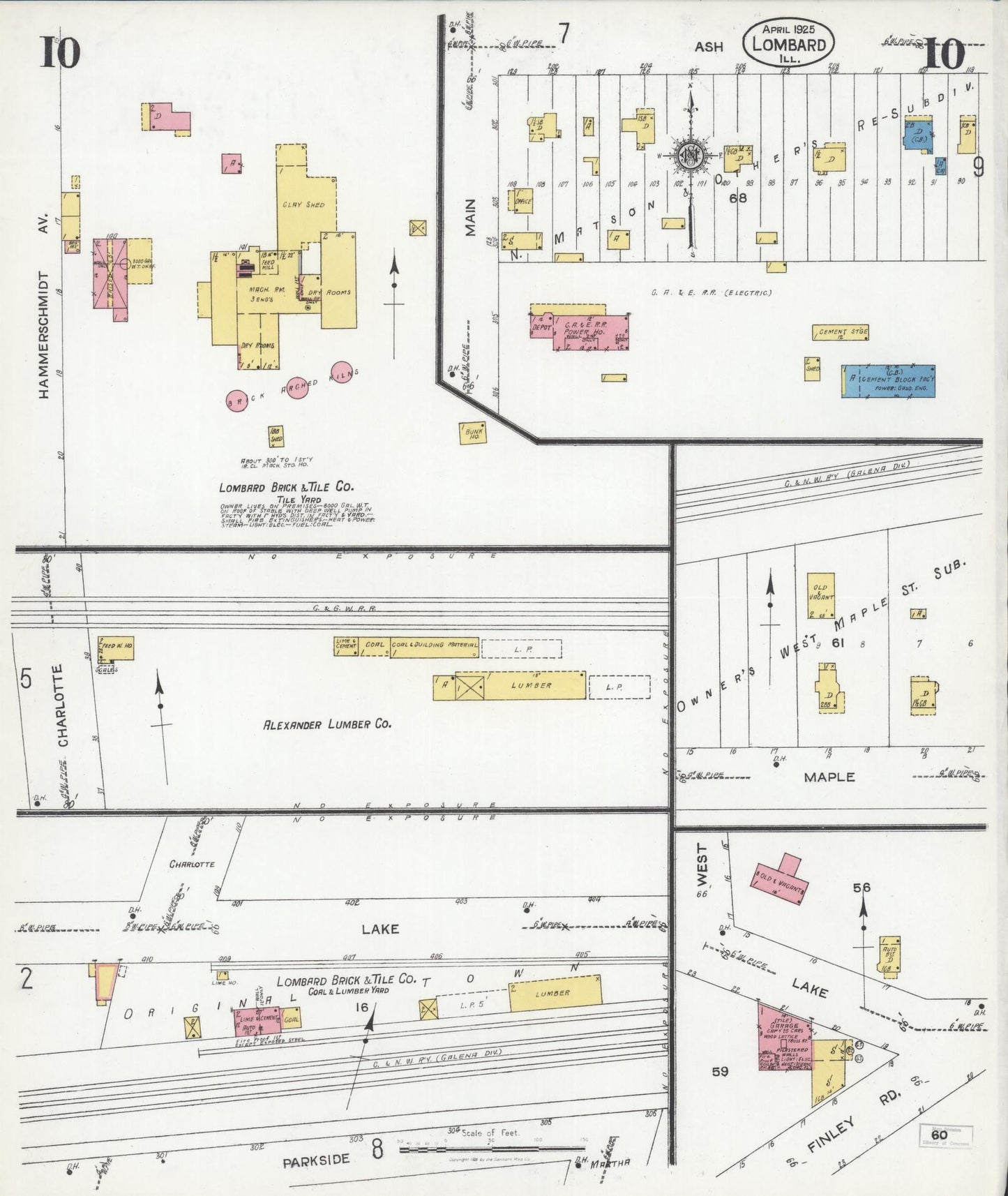 Sanborn Fire Insurance Map from Lombard, Du Page County, Illinois (1925), Sheet #0010 - Historic Sanborn Fire Insurance Map Print, vintage old map wall art, antique decor, genealogy gift, Illinois Illinois map