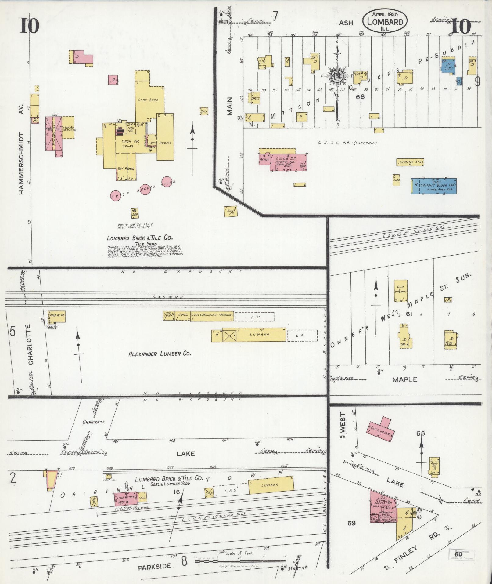 Sanborn Fire Insurance Map from Lombard, Du Page County, Illinois (1925), Sheet #0010 - Historic Sanborn Fire Insurance Map Print, vintage old map wall art, antique decor, genealogy gift, Illinois Illinois map