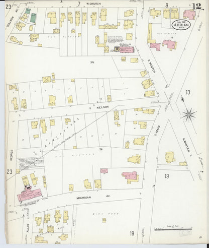 Sanborn Fire Insurance Map from Adrian, Lenawee County, Michigan (1908), Sheet #0012 - Historic Sanborn Fire Insurance Map Print, vintage old map wall art, antique decor, genealogy gift, Michigan Michigan map