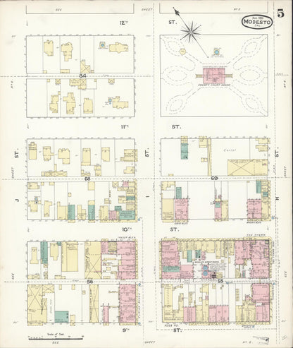 Sanborn Fire Insurance Map from Modesto, Stanislaus County, California (1891), Sheet #0005 - Complete Map Set gallery image, historic Sanborn map, vintage wall art, California California