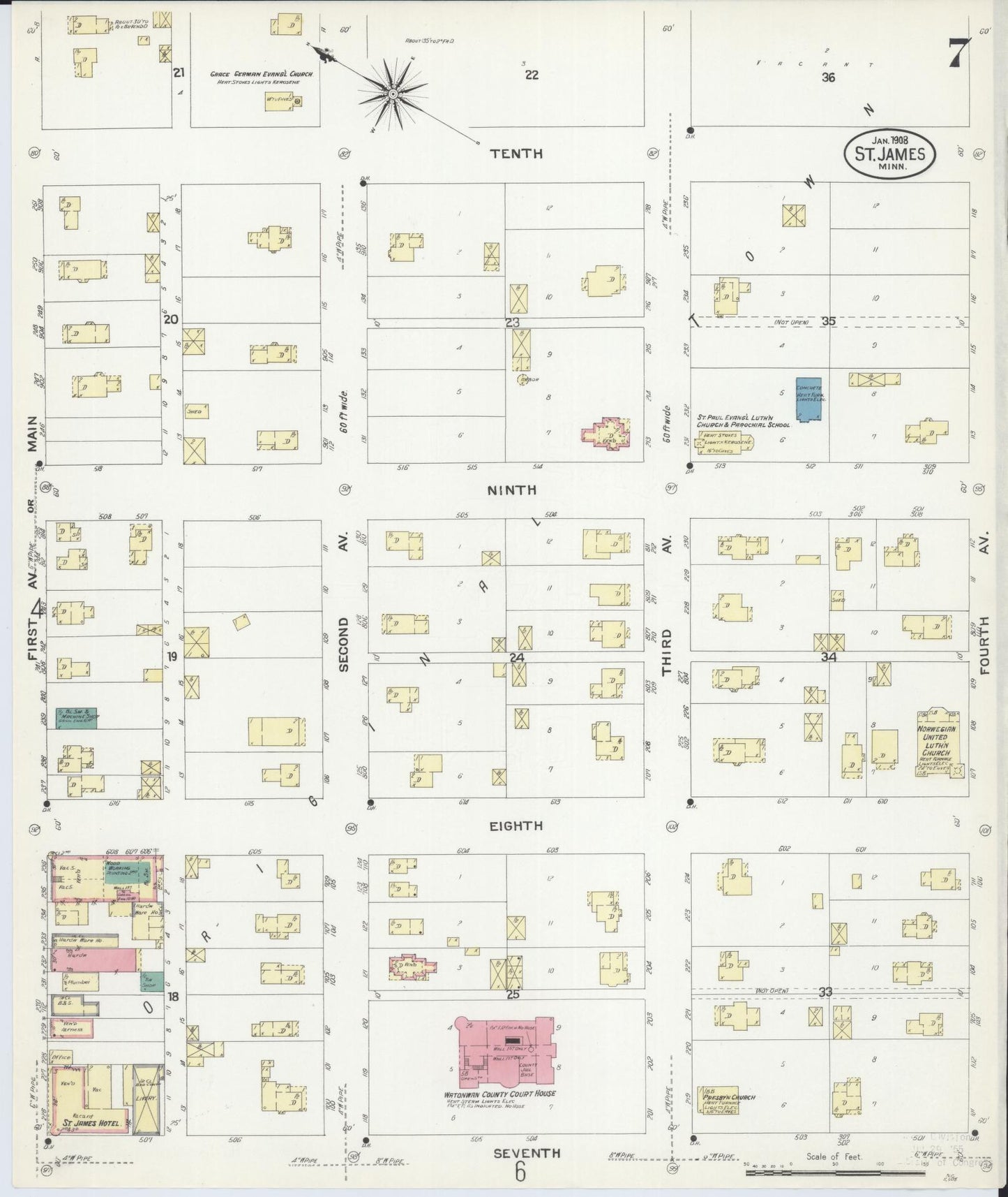 Sanborn Fire Insurance Map from Saint James, Watonwan County, Minnesota (1908), Sheet #0007 - Complete Map Set gallery image, historic Sanborn map, vintage wall art, Minnesota Minnesota