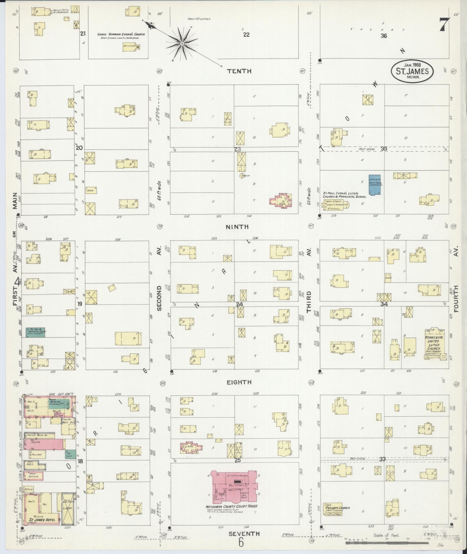 Sanborn Fire Insurance Map from Saint James, Watonwan County, Minnesota (1908), Sheet #0007 - Complete Map Set gallery image, historic Sanborn map, vintage wall art, Minnesota Minnesota