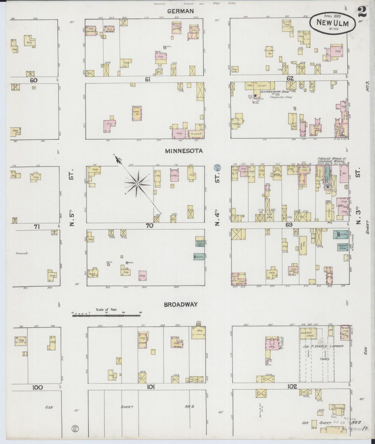 Sanborn Fire Insurance Map from New Ulm, Brown County, Minnesota (1889), Sheet #0002 - Complete Map Set gallery image, historic Sanborn map, vintage wall art, Minnesota Minnesota