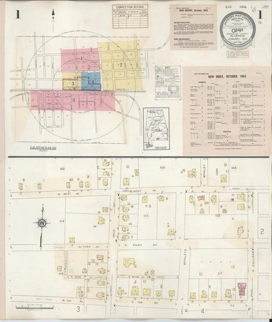 Sanborn Fire Insurance Map from Opp, Covington County, Alabama (1943), Sheet #0001 - Historic Sanborn Fire Insurance Map Print, vintage old map wall art, antique decor, genealogy gift, Alabama Alabama map