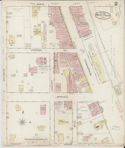 Sanborn Fire Insurance Map from West Point, Clay County, Mississippi (1885), Sheet #0002 - Complete Map Set gallery image, historic Sanborn map, vintage wall art, Mississippi Mississippi