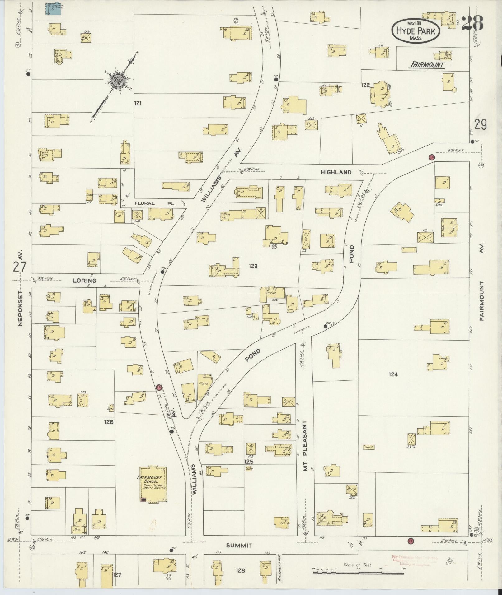 Sanborn Fire Insurance Map from Hyde Park, Norfolk County, Massachusetts (1911), Sheet #0028 - Historic Sanborn Fire Insurance Map Print, vintage old map wall art, antique decor, genealogy gift, Massachusetts Massachusetts map