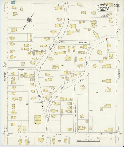Sanborn Fire Insurance Map from Hyde Park, Norfolk County, Massachusetts (1911), Sheet #0028 - Historic Sanborn Fire Insurance Map Print, vintage old map wall art, antique decor, genealogy gift, Massachusetts Massachusetts map