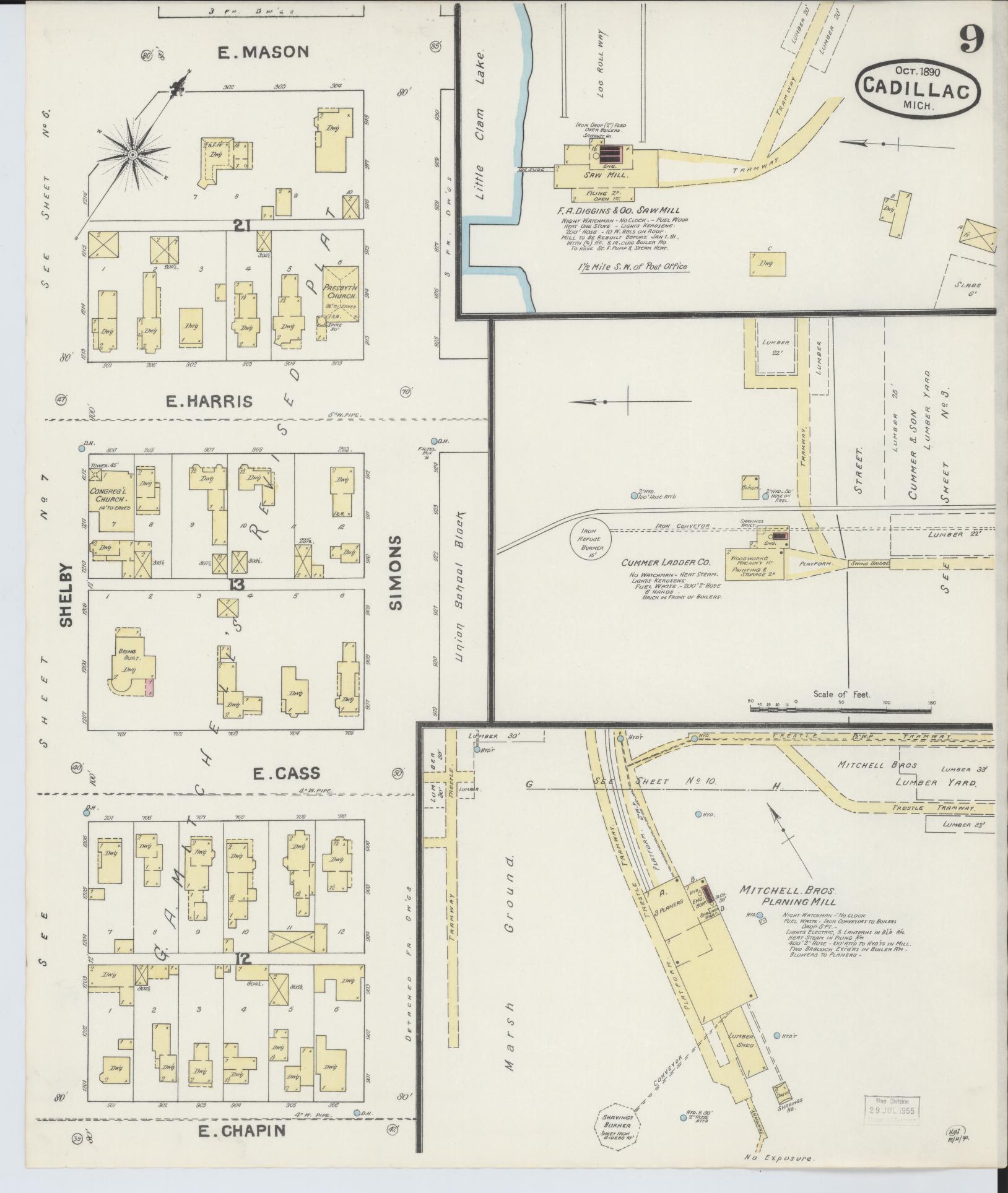 Sanborn Fire Insurance Map from Cadillac, Wexford County, Michigan (1890), Sheet #0009 - Historic Sanborn Fire Insurance Map Print, vintage old map wall art, antique decor, genealogy gift, Michigan Michigan map