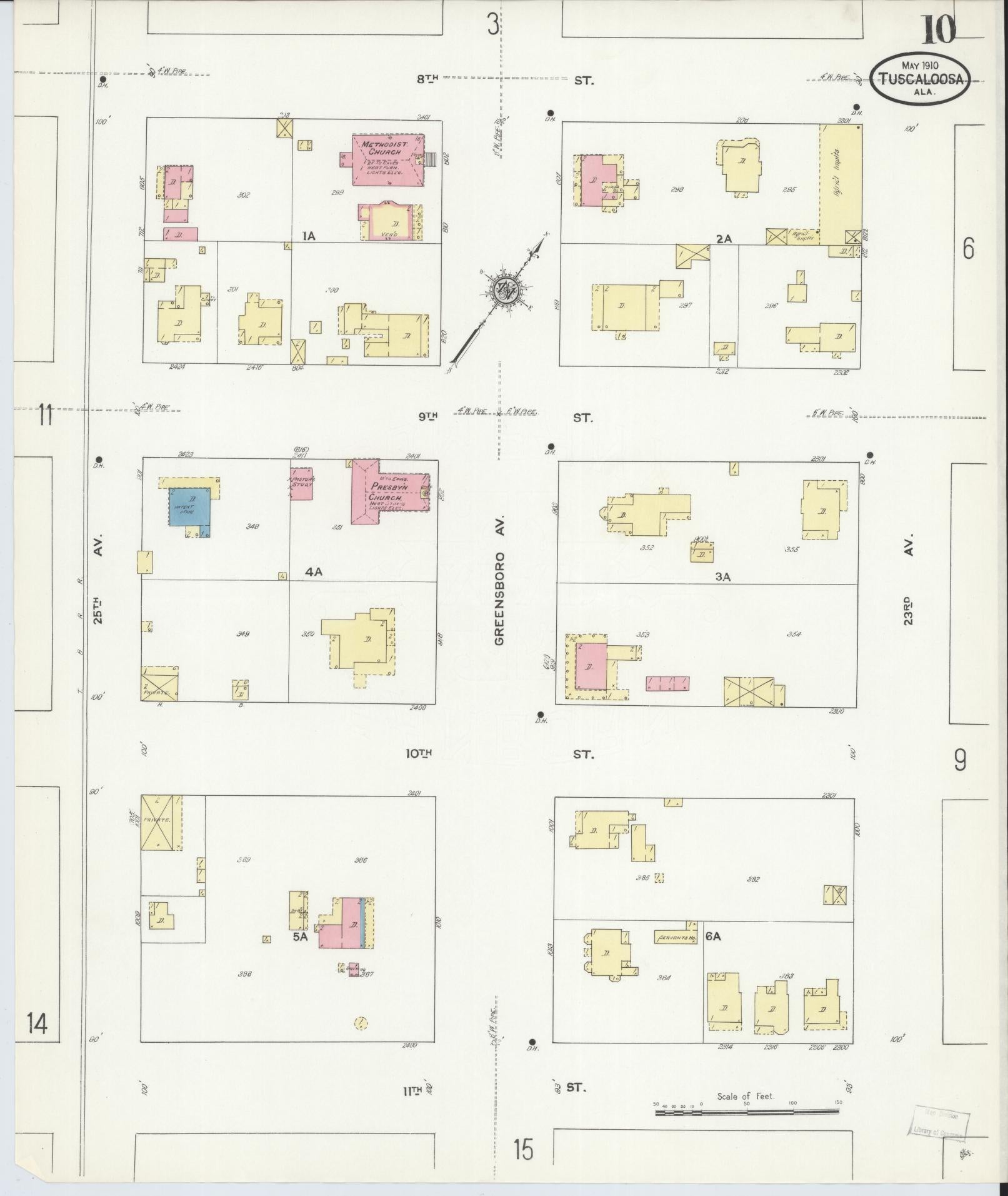Sanborn Fire Insurance Map from Tuscaloosa, Tuscaloosa County, Alabama (1910), Sheet #0010 - Historic Sanborn Fire Insurance Map Print, vintage old map wall art, antique decor, genealogy gift, Alabama Alabama map