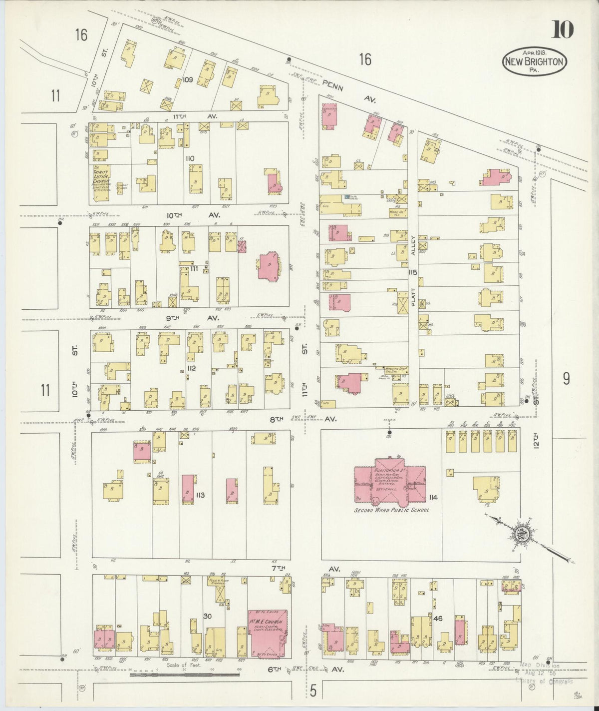Sanborn Fire Insurance Map from New Brighton, Beaver County, Pennsylvania (1913), Sheet #0010 - Historic Sanborn Fire Insurance Map Print, vintage old map wall art, antique decor, genealogy gift, Pennsylvania Pennsylvania map