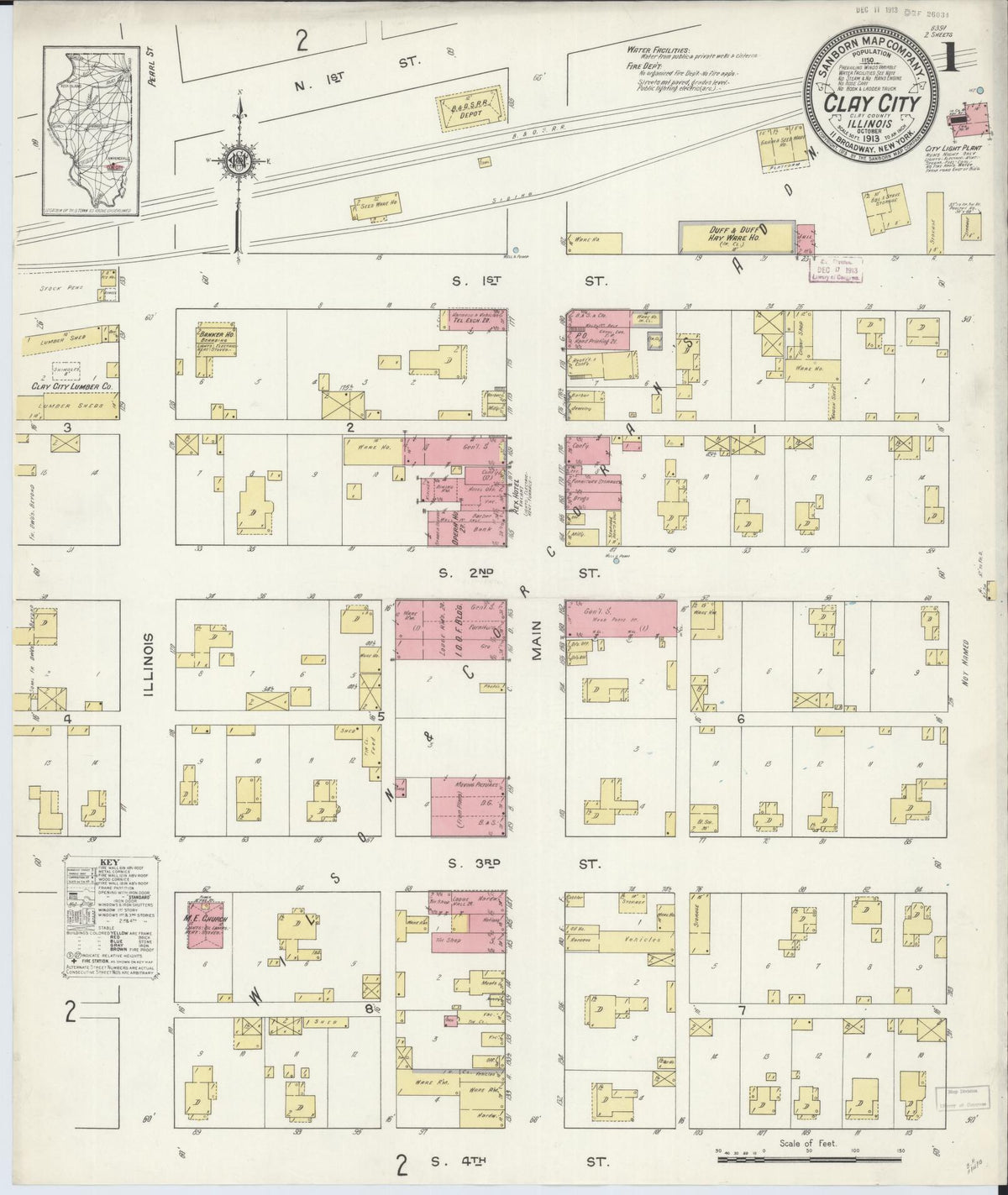 Sanborn Fire Insurance Map from Clay City, Clay County, Illinois (1913), Sheet #0001 - Historic Sanborn Fire Insurance Map Print, vintage old map wall art, antique decor, genealogy gift, Illinois Illinois map