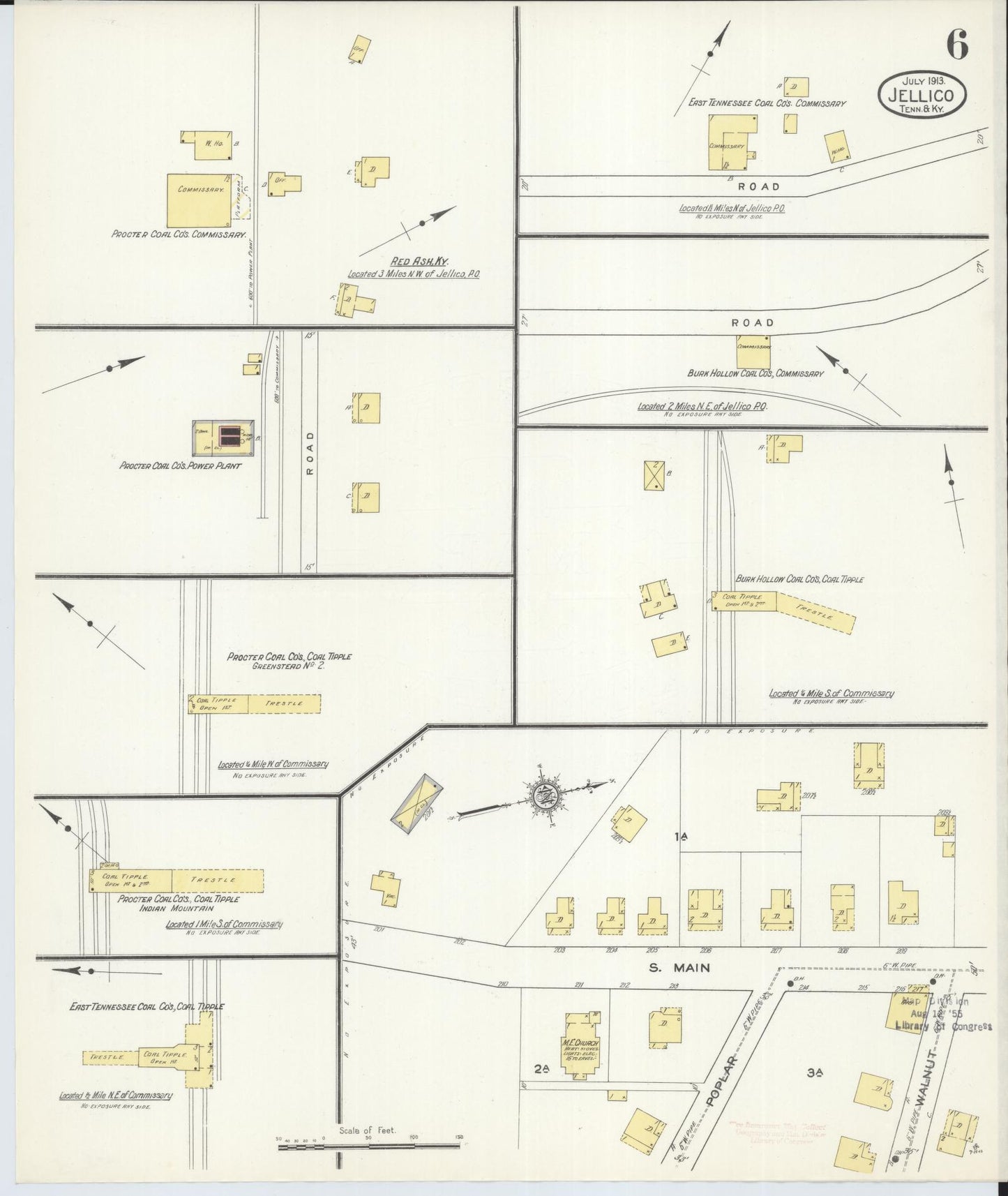 Sanborn Fire Insurance Map from Jellico, Whitley County, Ky., and Campbell County, Tenna, Kentucky (1913), Sheet #0006 - Historic Sanborn Fire Insurance Map Print, vintage old map wall art, antique decor, genealogy gift, Kentucky Kentucky map