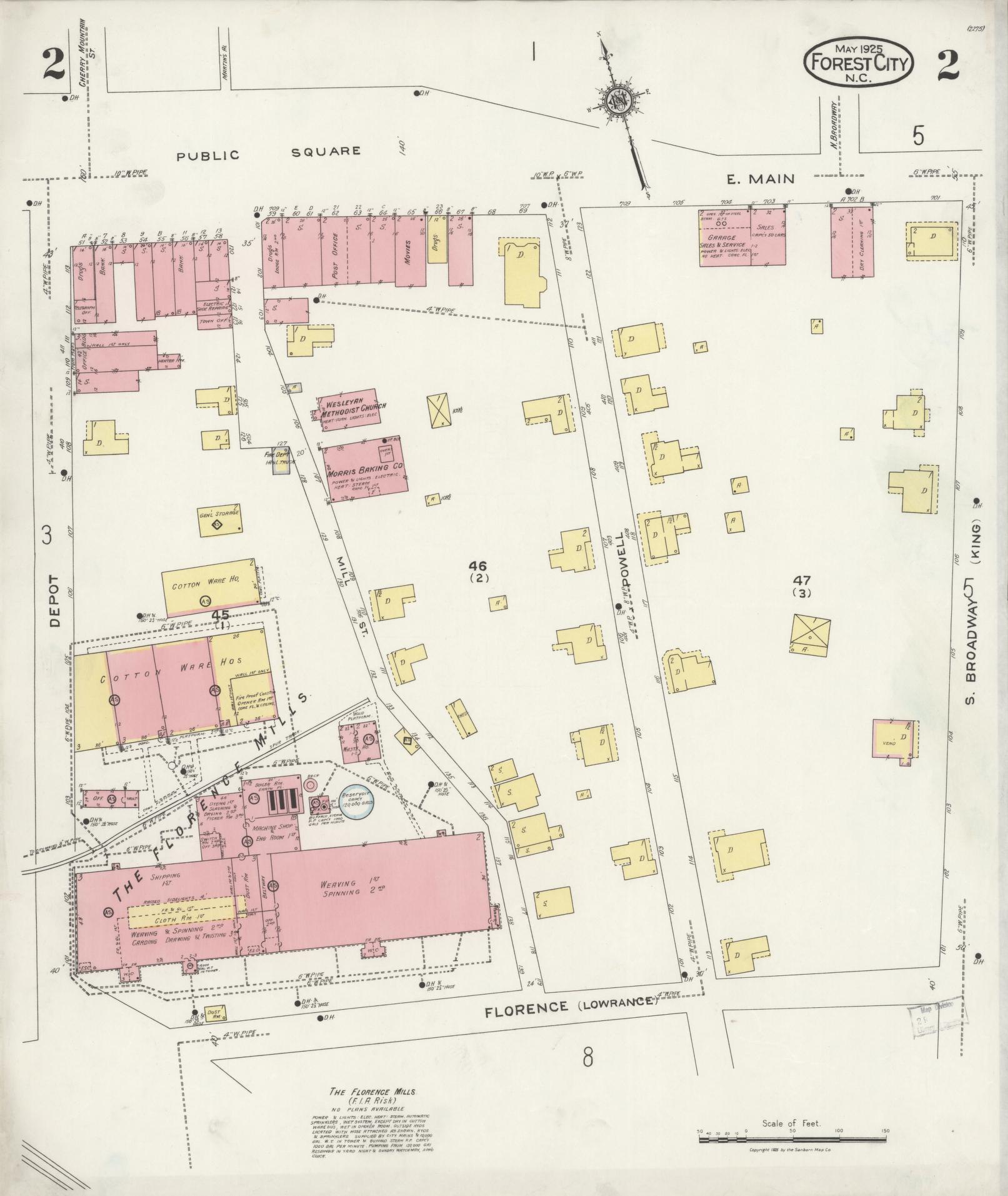 Sanborn Fire Insurance Map from Forest City, Rutherford County, North Carolina (1925), Sheet #0002 - Complete Map Set gallery image, historic Sanborn map, vintage wall art, North Carolina North Carolina