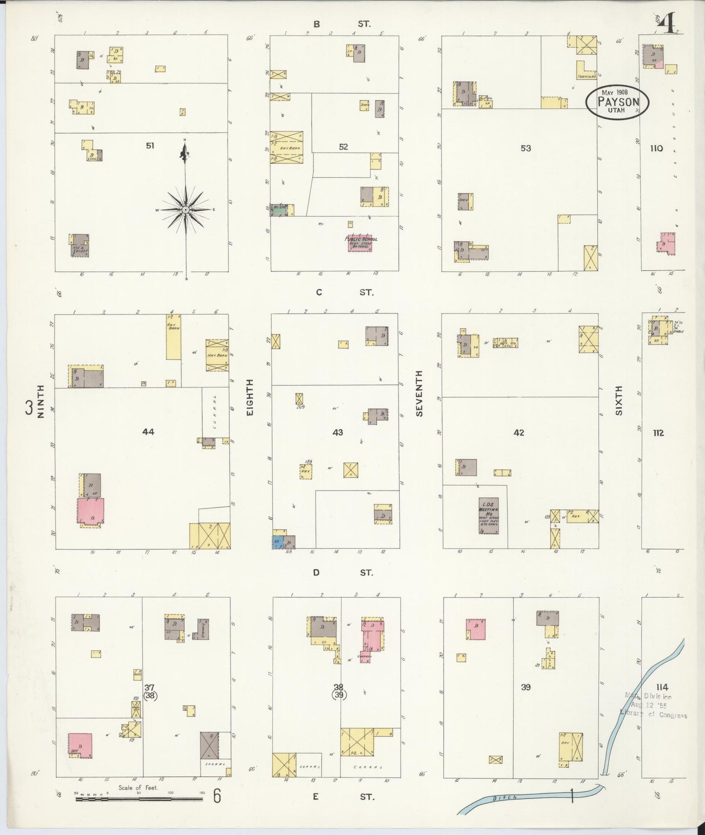 Sanborn Fire Insurance Map from Payson, Utah County, Utah (1908), Sheet #0004 - Historic Sanborn Fire Insurance Map Print, vintage old map wall art, antique decor, genealogy gift, Payson Utah map