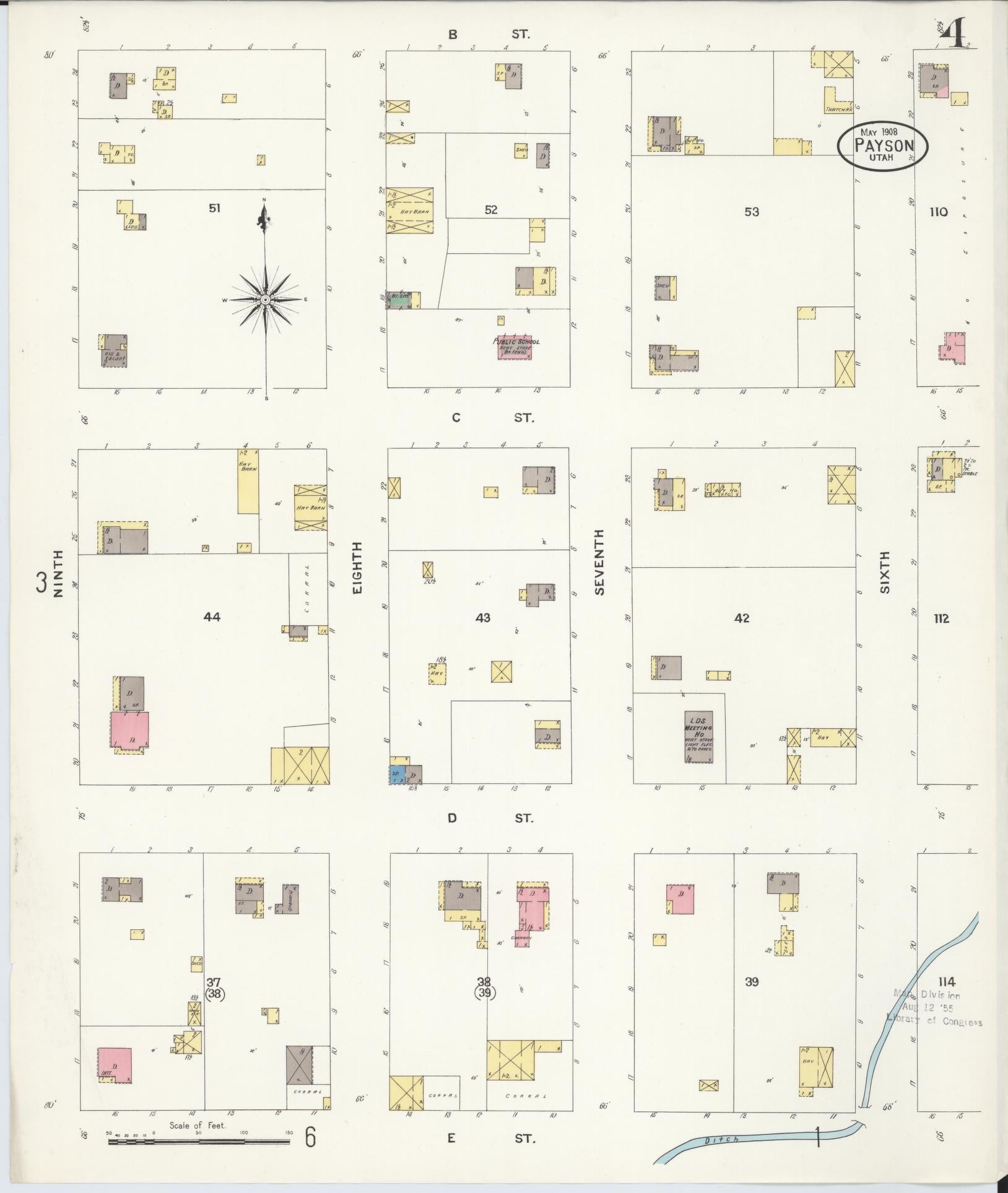 Sanborn Fire Insurance Map from Payson, Utah County, Utah (1908), Sheet #0004 - Historic Sanborn Fire Insurance Map Print, vintage old map wall art, antique decor, genealogy gift, Payson Utah map
