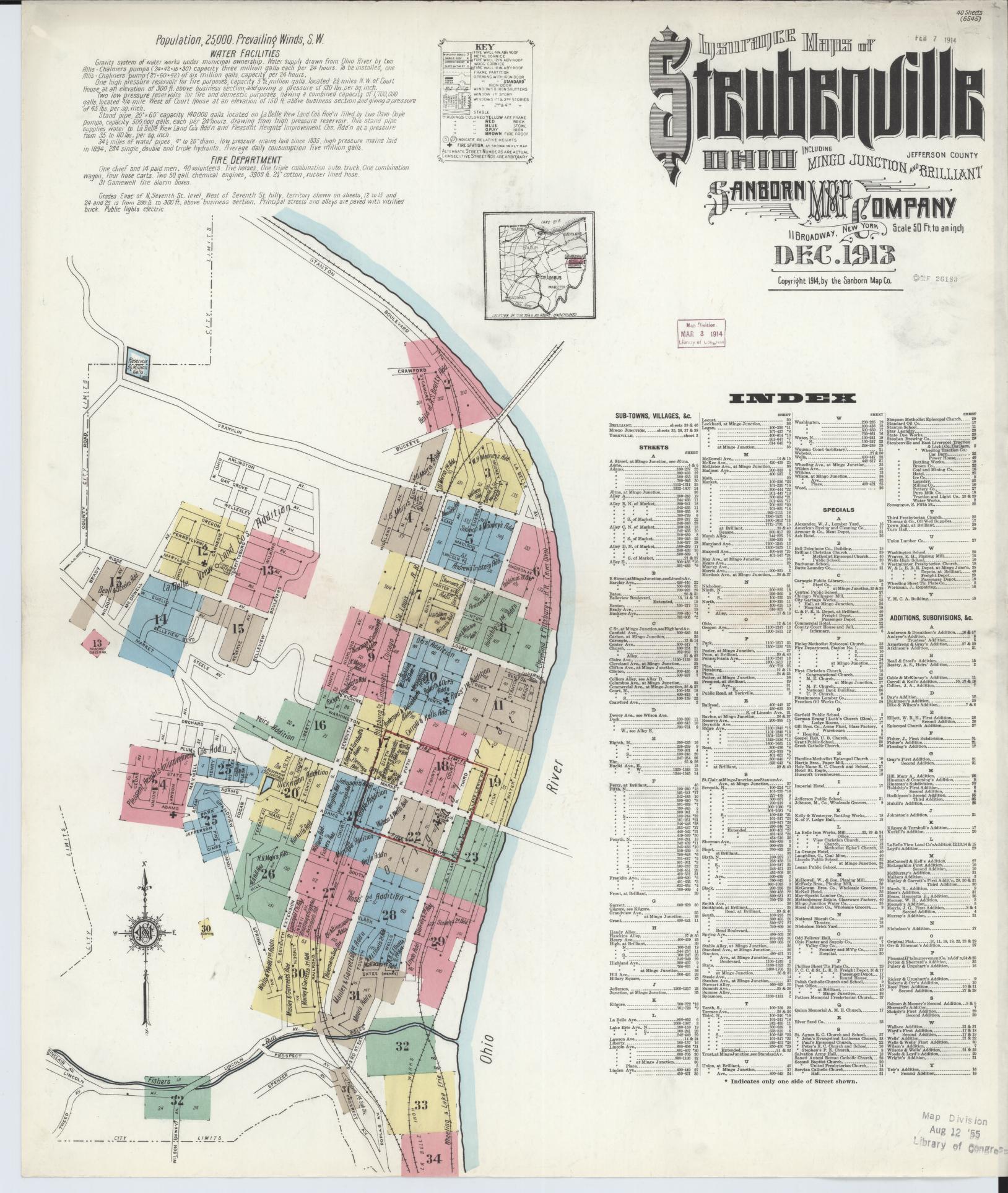 Sanborn Fire Insurance Map from Steubenville, Jefferson County, Ohio (1913), Sheet #0001 - Complete Map Set gallery image, historic Sanborn map, vintage wall art, Ohio Ohio