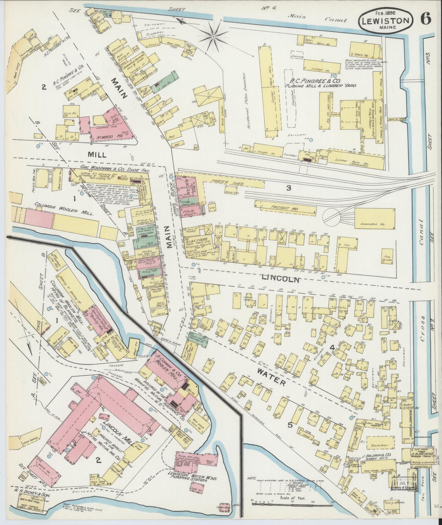 Sanborn Fire Insurance Map from Lewiston, Androscoggin County, Maine (1892), Sheet #0006 - Historic Sanborn Fire Insurance Map Print, vintage old map wall art, antique decor, genealogy gift, Maine Maine map