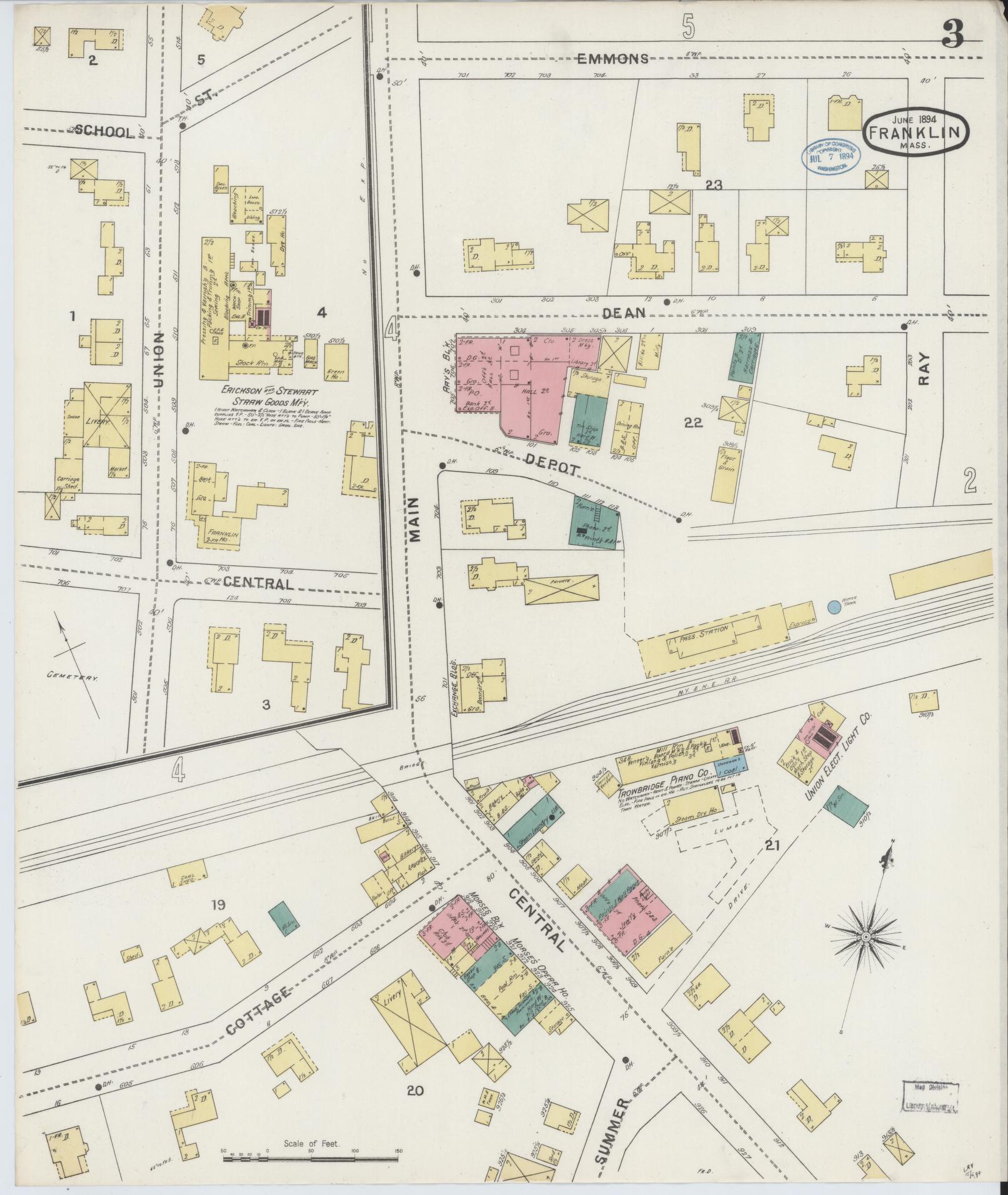 Sanborn Fire Insurance Map from Franklin, Norfolk County, Massachusetts (1894), Sheet #0003 - Complete Map Set gallery image, historic Sanborn map, vintage wall art, Massachusetts Massachusetts